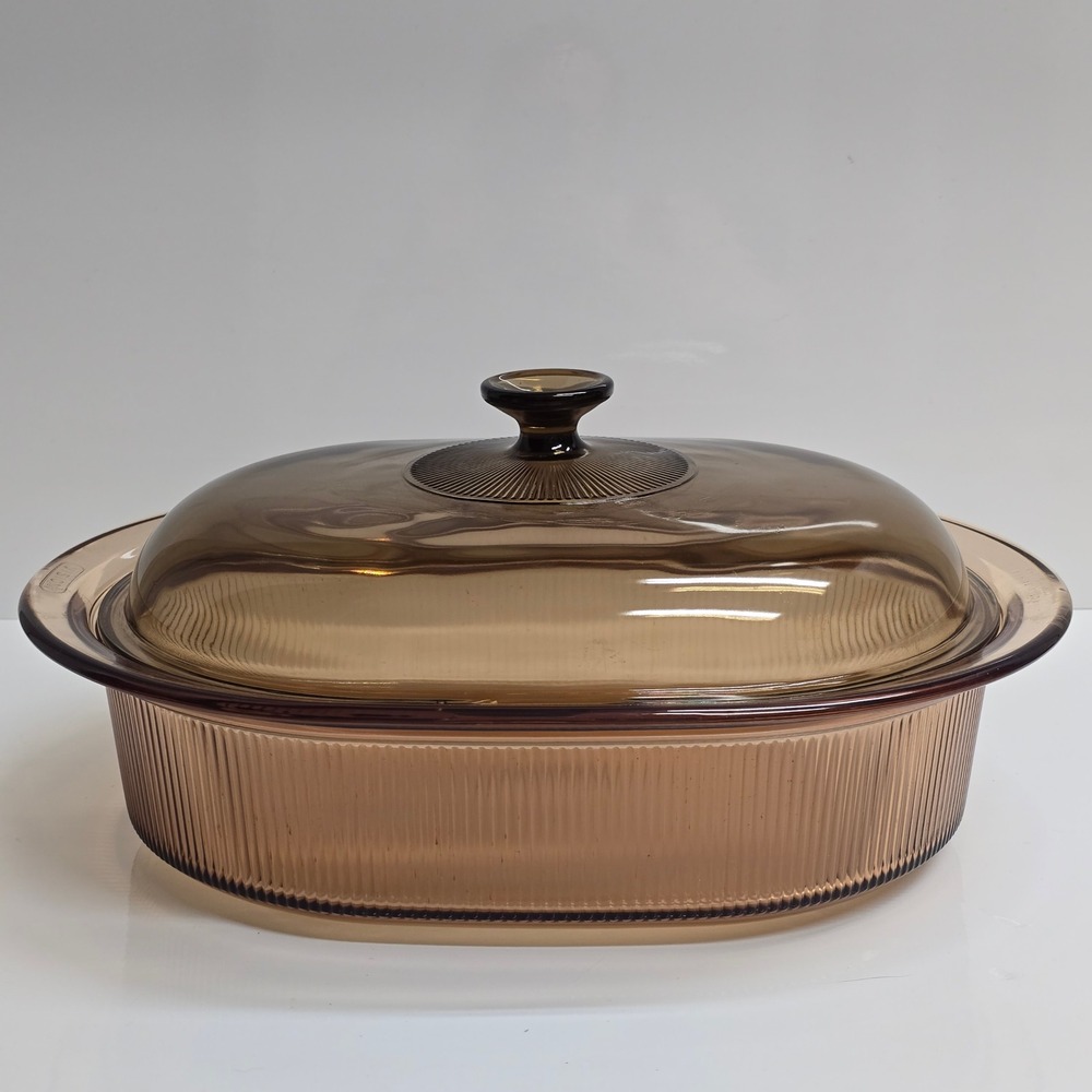 Corning Visions Amber Glass Oval Roaster Casserole Dish 4qt V-34-B Lid MCM Retro